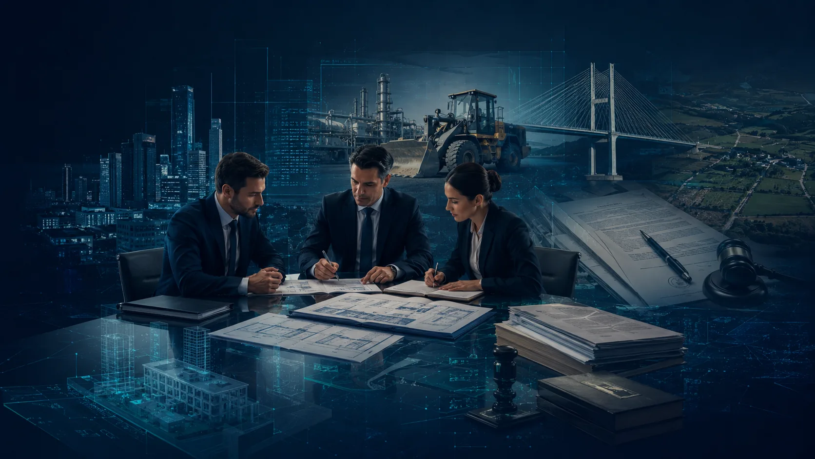 Profesionales revisando planos, tasaciones, documentos jurídicos y activos institucionales