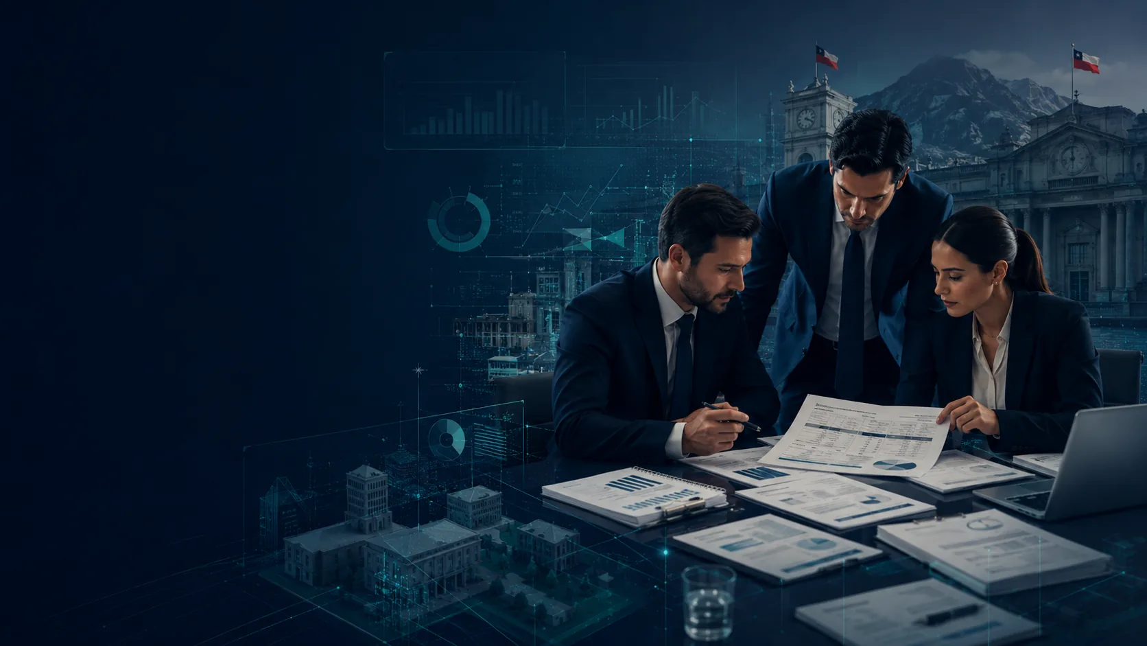 Consultores revisando estados financieros y documentación NICSP para una institución pública