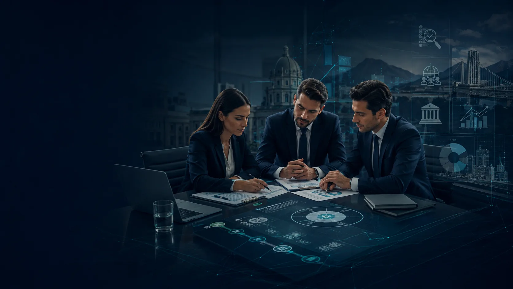 Equipo profesional analizando reportes financieros y de control institucional